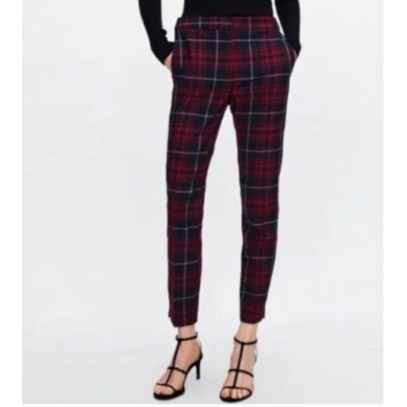 Zara Plaid Dark Academia Checkered Chino Skinny Ankle‎ Pants Blue Red Size S - Picture 1 of 5